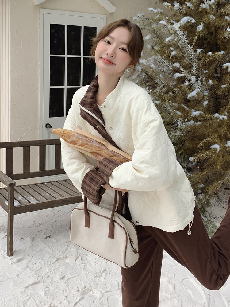 米白色撞色菱格保暖棉服外套2c309-872-p175-k258,女装棉衣/棉服,2C309