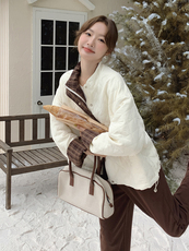 米白色撞色菱格保暖棉服外套2c309-872-p175-k258，女装棉衣/棉服，2C309
