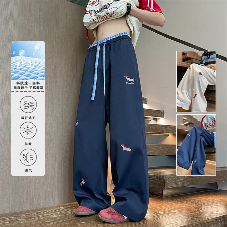 腊肠狗刺绣休闲裤子男夏季潮牌美式格子拼接宽松拖地阔腿微喇长裤，男装休闲裤，电商A022