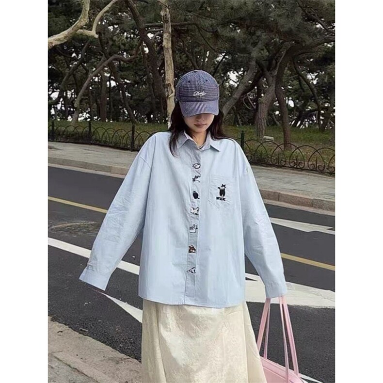 TC540-P45慵懒小猫刺绣长袖衬衫女2026新款显瘦减龄学院风衬衣,女装衬衫,星座617A-2