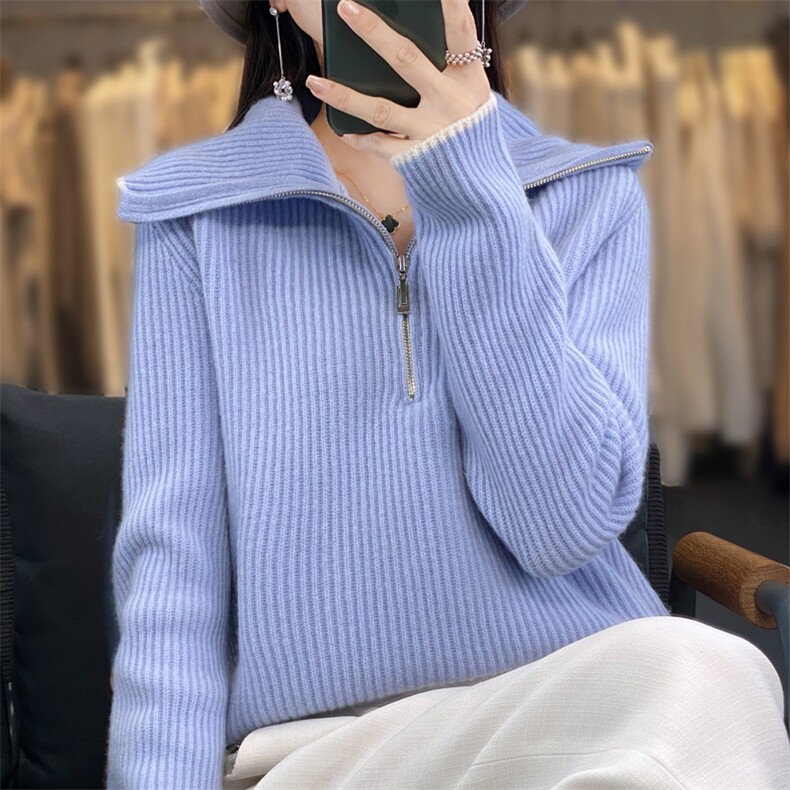 2025年夏季宽松型半开领开衫单件长袖拉链羊毛衫时尚百搭,女装羊毛衫,春贝羊绒