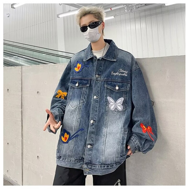 美式蝴蝶贴布水洗牛仔外套男女春秋复古宽松情侣百搭夹克JW341,男装工装外套,星座1116A-1（原606A）