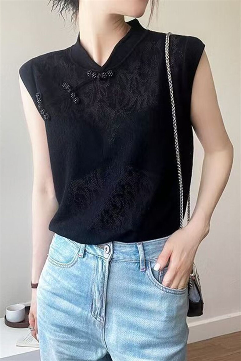 2025春夏新款新中式国风盘扣蕾丝拼接针织衫女修身显瘦打底上衣,女装T恤,萱芳婷羊绒