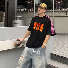 抖音得物品质二开240克宽松纯棉美式潮牌印花三条杠中性风短袖T恤，男装T恤，电商A486