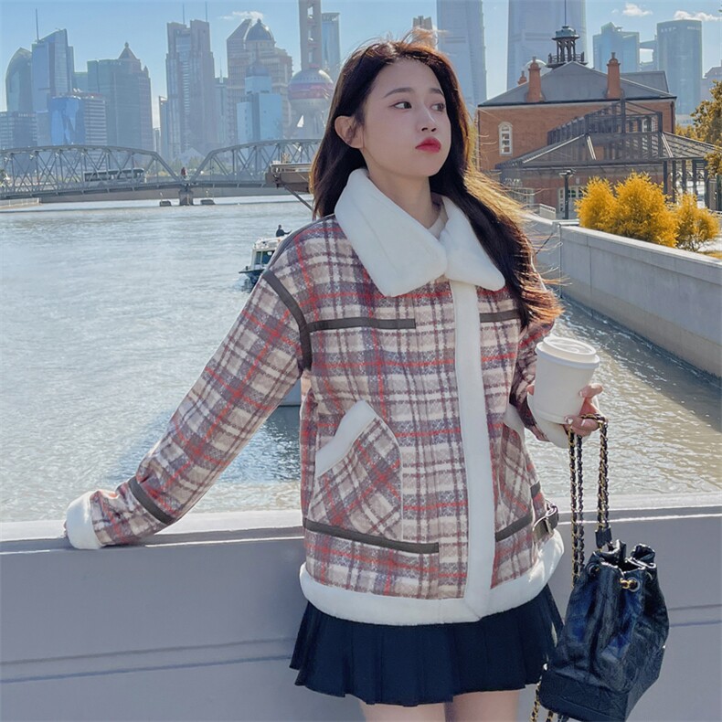 复古格子立领羊羔毛外套女2025秋冬新款加绒加厚羊羔绒短棉衣棉袄,女装毛呢外套,帛香坊