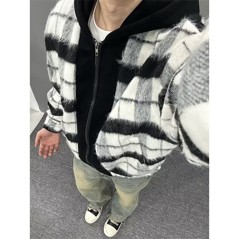 小香风假两件连帽格子外套男士冬季新款复古青年宽松休闲毛呢夹克,男装夹克,星座506A