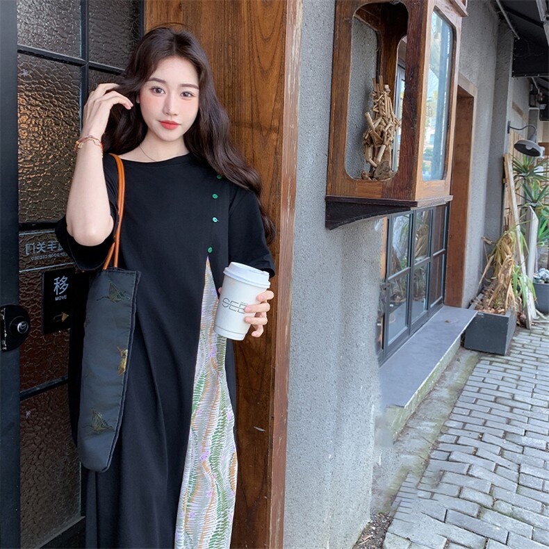 拼接民族风短袖连衣裙女2025夏装新款韩版宽松休闲假两件过膝长裙,女装连衣裙,2C123