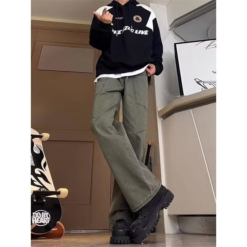 美式复古蓝色工装裤男款春秋褶皱裤子高街微喇宽松高腰直筒裤,男装休闲裤,星座506A