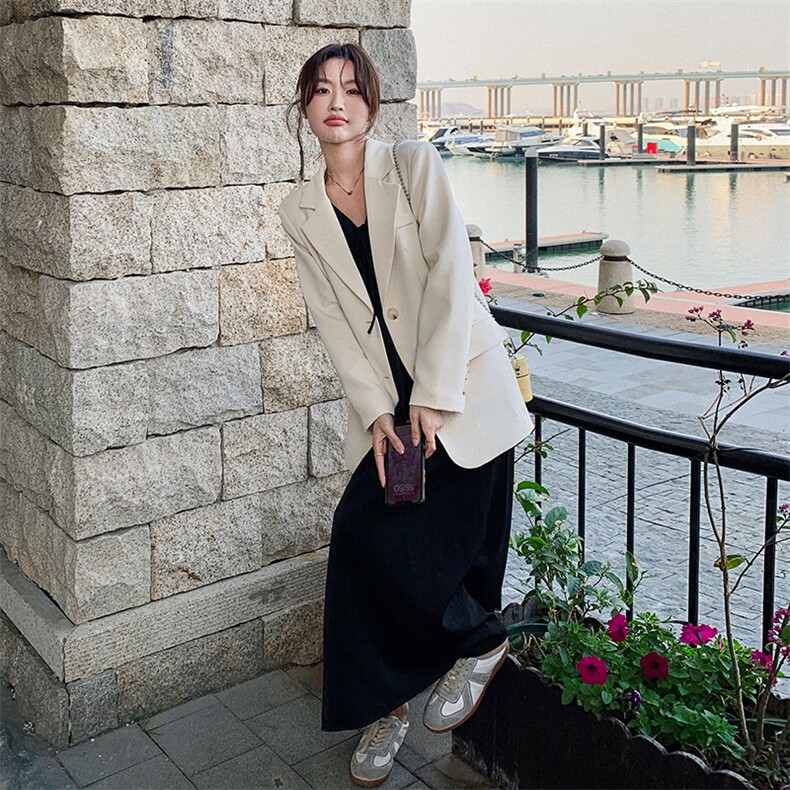 2024年春季新款韩版简约休闲宽松纯色西装外套套装黑色长款裙子女，女装西装，一九零