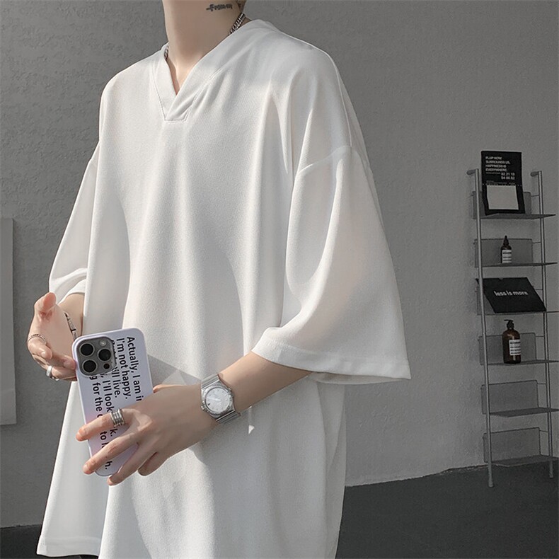 8XL-M短袖t恤男款夏季薄款垂感小V领七分袖加肥加大码DT005特P20图片