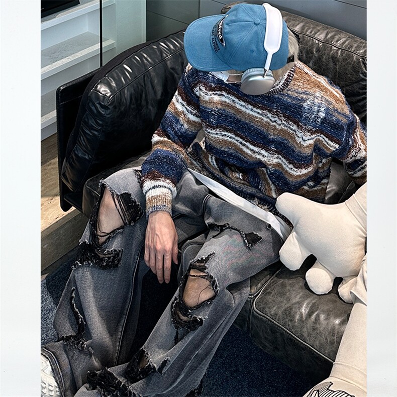 23M01-P70 高街风男女同款条纹套头毛衣秋冬保暖圆领针织衫图片