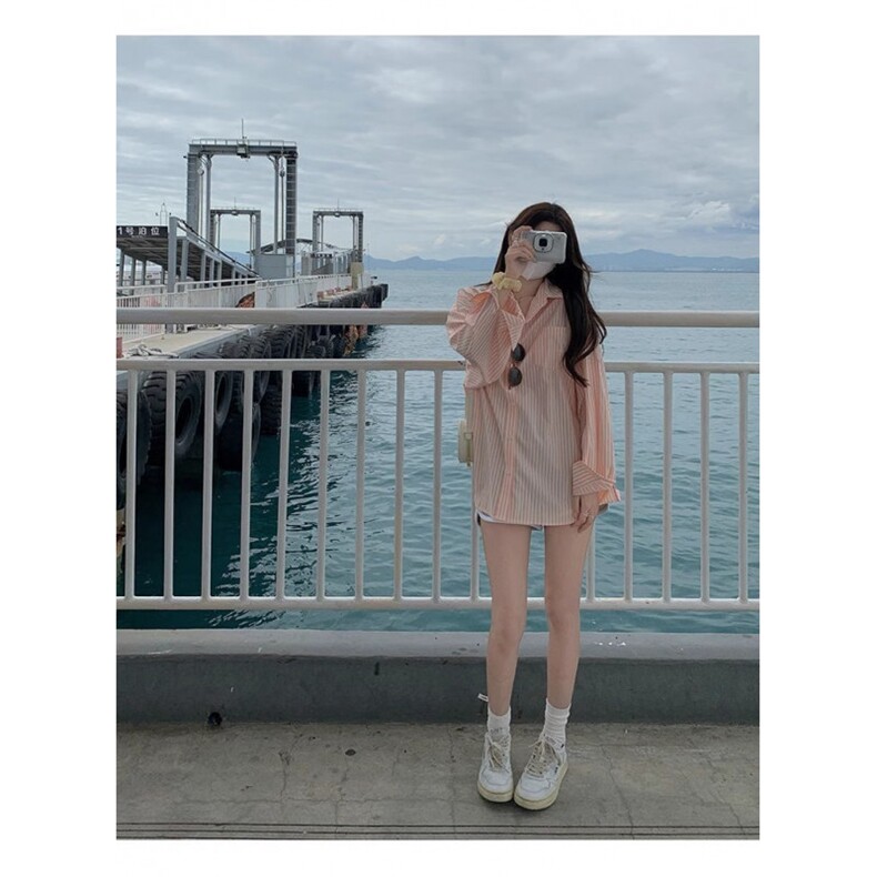 TC775-P45粉色细条纹超显白宽松白色上衣夏季新款衬衫,男装衬衫,星座617A-2