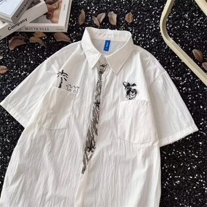 美式手绘领带设计白色短袖衬衫男女夏新款宽松衬衣外套CY1181-P32