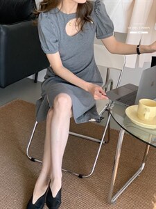 香丽迪2022年夏季新款拼接连衣裙女针织短袖圆领修身高腰图片