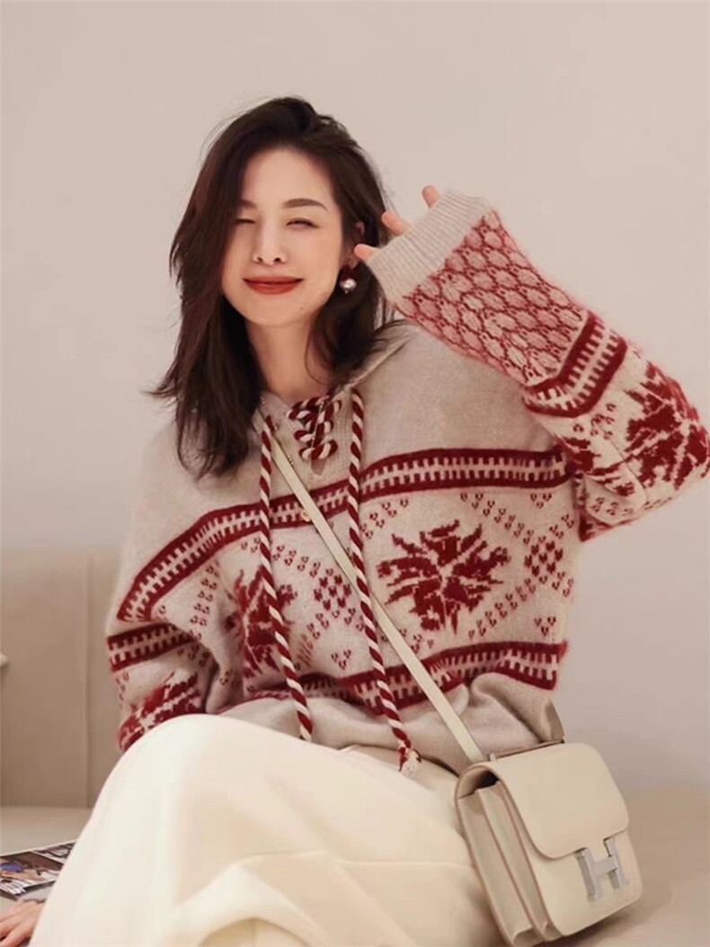 时尚提花女士羊毛衫舒适保暖显瘦连帽设计,女装羊毛衫,千御纺羊绒