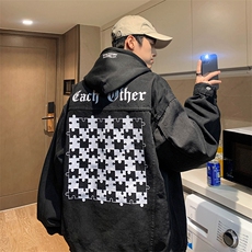 棋盘格复古牛仔外套男痞帅衣服款宽松百搭夹克JK1057-P88118，男装工装外套，星座1103-3