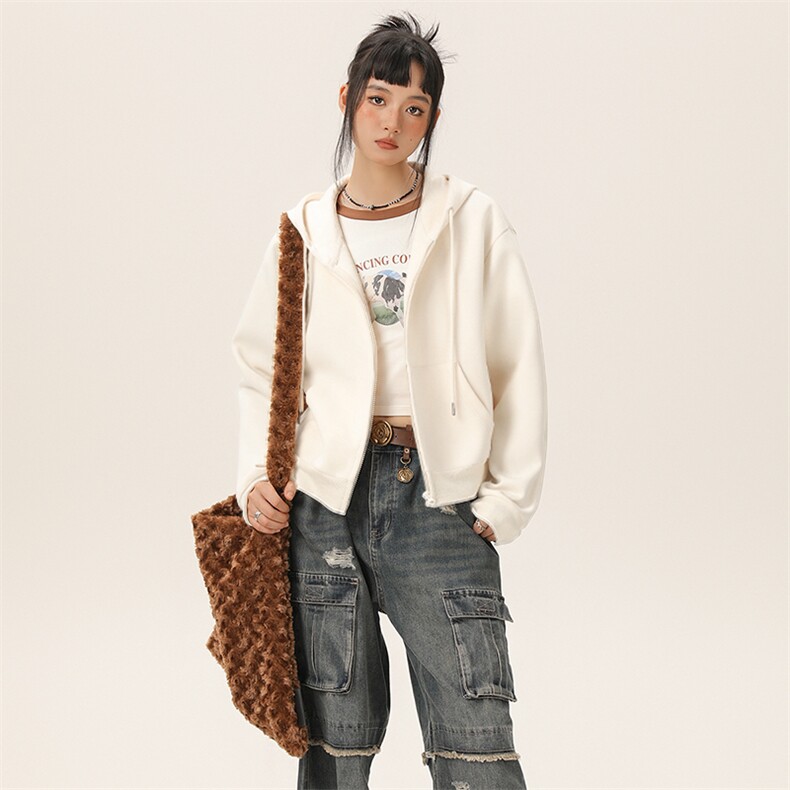 2025年夏季单件长袖落肩袖连帽开衫拉链320G短款开衫卫，女装针织衫/毛衣，初己品牌服饰全品类供货