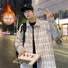 冬款oversize加绒加厚夹克男千鸟格翻领长袖外套J25025J加绒-P80，男装夹克，电商A001