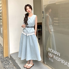 2025新款夏季时髦蕾丝拼接牛仔手套套装女高级感韩系半身裙两件套，女装套装/套裙，2C012