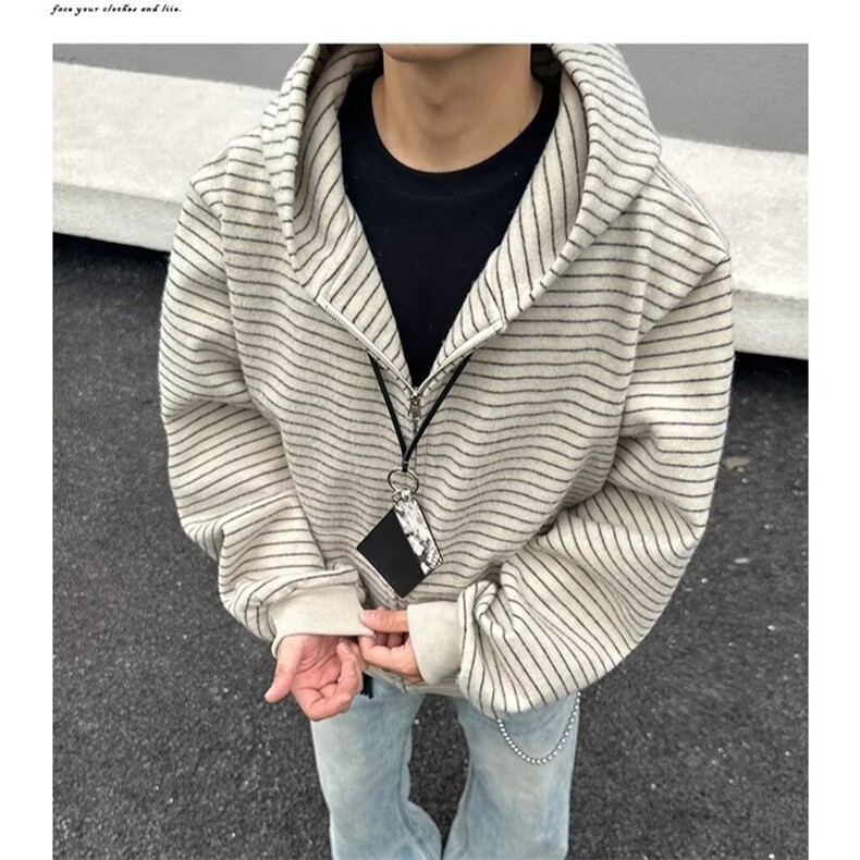 美式复古条纹连帽卫衣男秋季高级感复古脉冲风穿搭拉链开衫外套图片