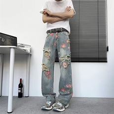美式高街花卉破洞牛仔裤男女夏季高级感显瘦裤子玫瑰满印直筒，男装牛仔裤，星座601-1