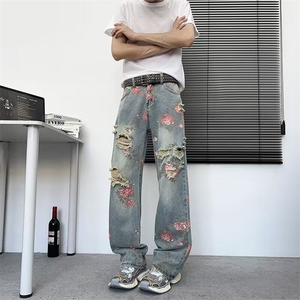 美式高街花卉破洞牛仔裤男女夏季高级感显瘦裤子玫瑰满印直筒