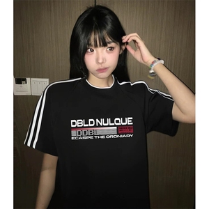 抖音得物高品质二开240克宽松纯棉美式潮牌三条杠织带短袖T恤图片