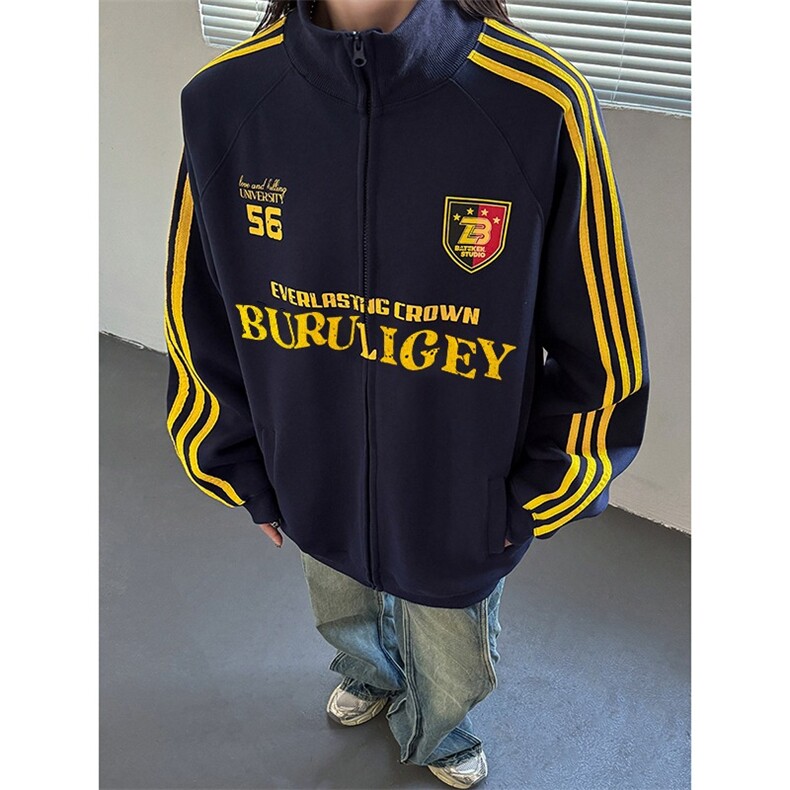 复古拉链条纹开衫外套男女秋季运动宽松情侣夹克WC73,男装夹克,星座1116A（原606A-3）