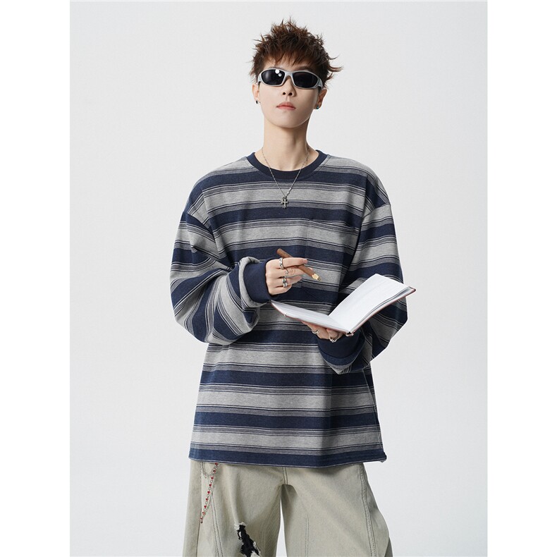 5XL-M 日系复古做旧长袖海魂衫男条纹工装卫衣男 WY51-P70图片