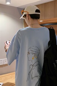 潮流设计款手绘涂鸦宽松大码圆领短袖T恤情侣517A-1-T905-P28控38图片