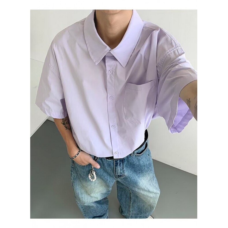 复古衬衫男夏装港风学生宽松小众设计感趣味新款男装上衣外穿,男装衬衫,四季星座505