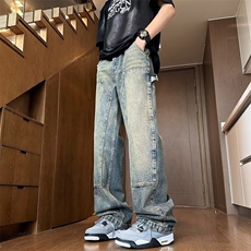 美式复古牛仔裤男秋季休闲裤子潮牌男生美式高街长裤百搭直筒裤潮，男装牛仔裤，星座410-7