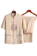 夏季风唐装中年棉麻短袖衬衫太极服宽松套装CF931-套装P90，男装休闲套装，星座1105-3