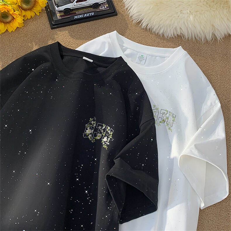 可48小时发货支持抖音得物来样二开美式满天星亮片短袖T恤MTX634,男装T恤,电商A486
