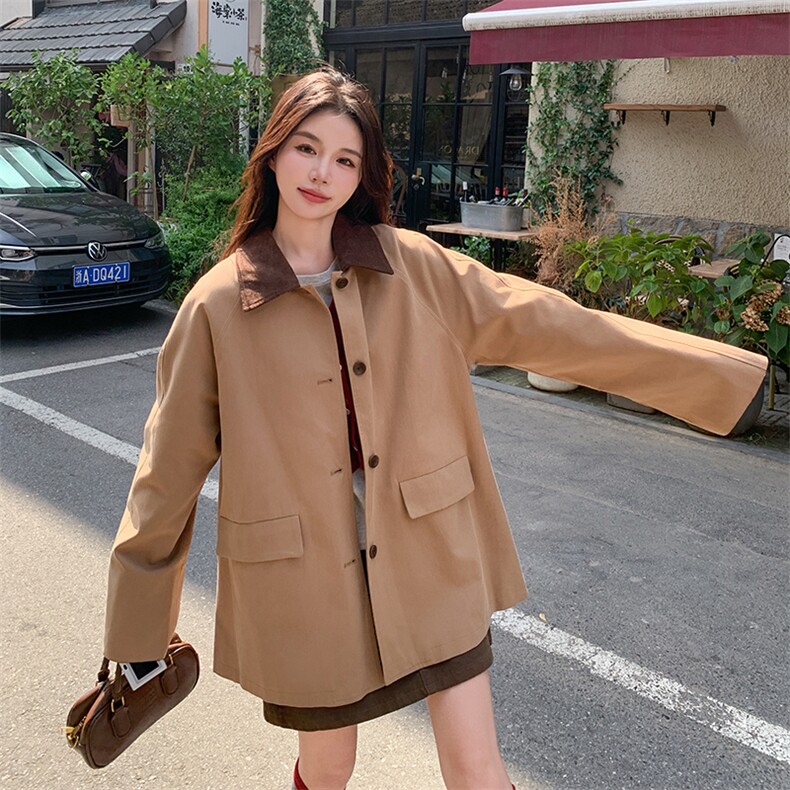 格子PU皮翻领拼接风衣外套女2025新款小个子今年流行休闲大衣,女装风衣,蝶眷