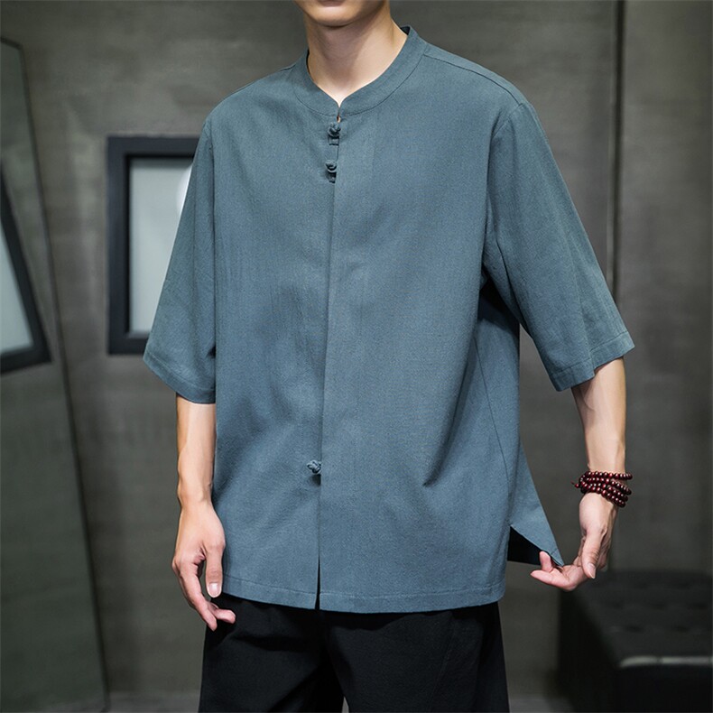 2023风男装盘扣唐装汉服五分袖短袖衬衫A203A-6809,男装T恤,星座815-1（原A203A）