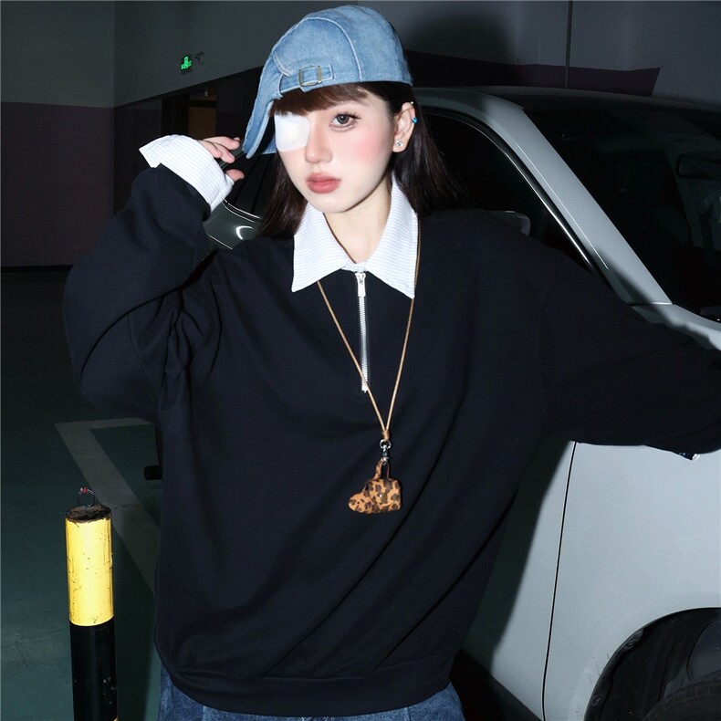 学院风格子polo领假两件卫衣男女美式宽松长袖外套CT505-P45,女装短外套,星座1001-1