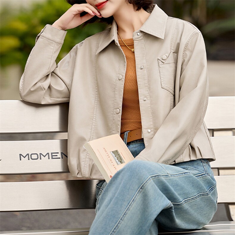 2025春秋季新款皮衣外套女pu皮翻领短款上衣拉链高级感机车服夹克,女装皮衣,美拉德工厂直营店