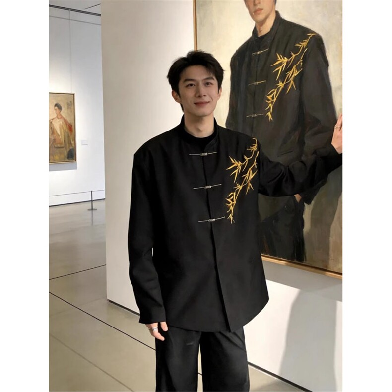 新中式男装风宽松西装盘扣立领外套青少年高级感中山装套装,男装西服套装,星座601-1