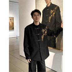 新中式男装风宽松西装盘扣立领外套青少年高级感中山装套装，男装西服套装，星座601-1