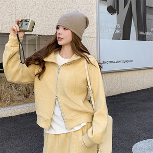 奶盐系黄色休闲运动套装女2025年春秋季新款加厚卫衣阔腿裤两件套图片