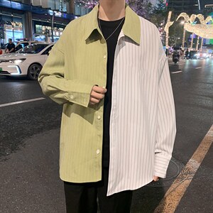 条纹衬衫拼色韩版宽松潮流百搭帅气衬衣ins网红潮上衣 W1173-P35图片
