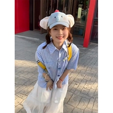 蓝色泡泡纱短袖衬衫男女夏季设计感纽扣格子衬衣休闲情侣外套，男装T恤，星座601-1
