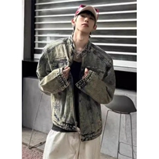 做旧水洗垫肩短款拼接牛仔外套潮牌金属设计感无领夹克男JN1224，男装工装外套，星座1116A（原606A-3）