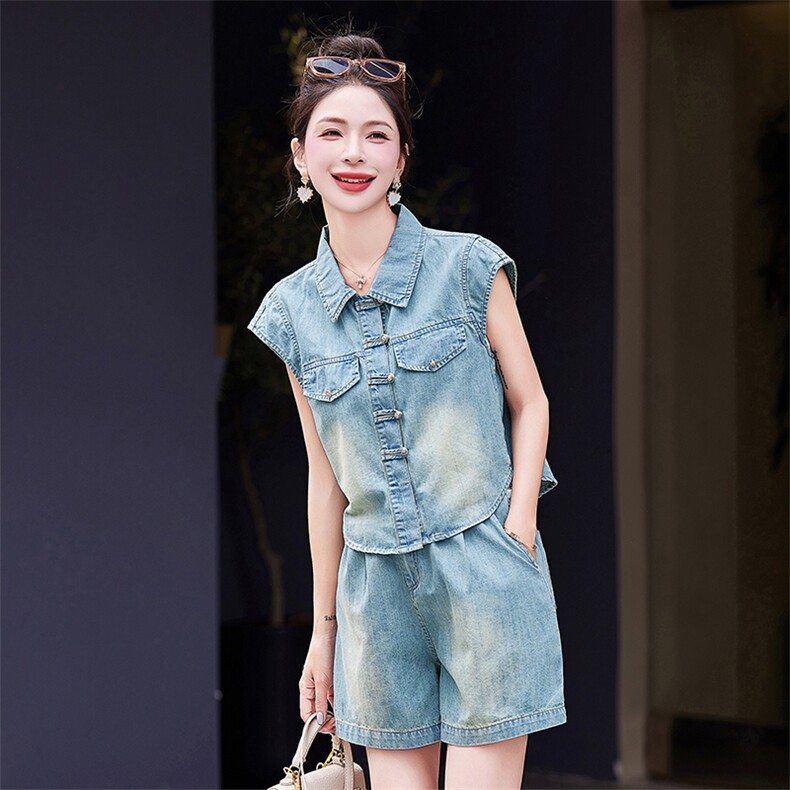 小个子牛仔套装女2025夏季新款高级感时尚气质减龄显瘦短裤两件套,女装套装/套裙,慕依路