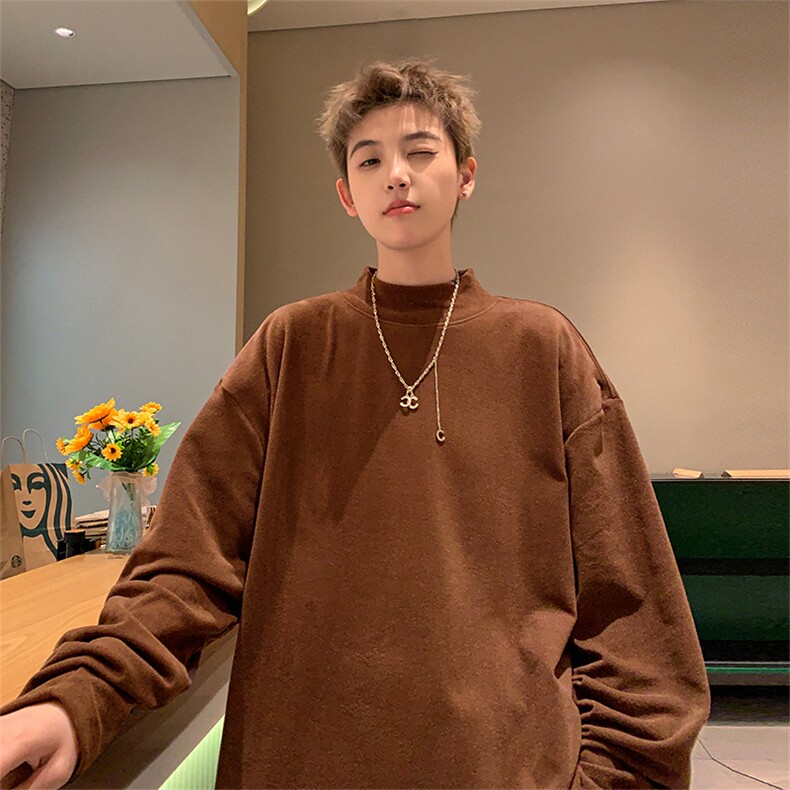 抖音得物品质260克精梳德绒保暖长袖T恤纯色半高领打底针织衫DR01,男装T恤,电商A486