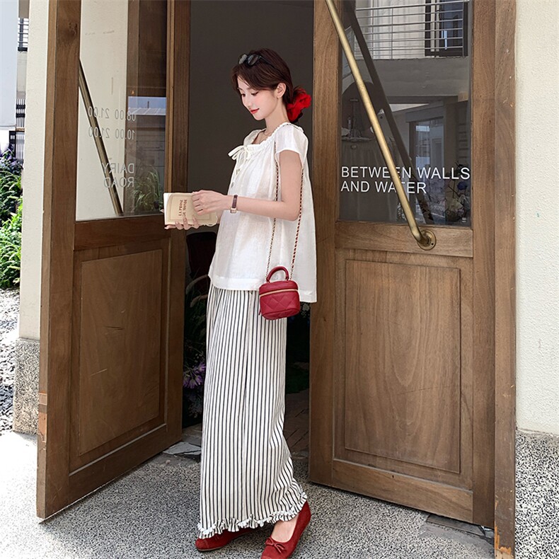 韩系白色短袖条纹阔腿裤女夏2025新款高级感减龄超火绝美两件套,女装套装/套裙,浙宝276（原081）