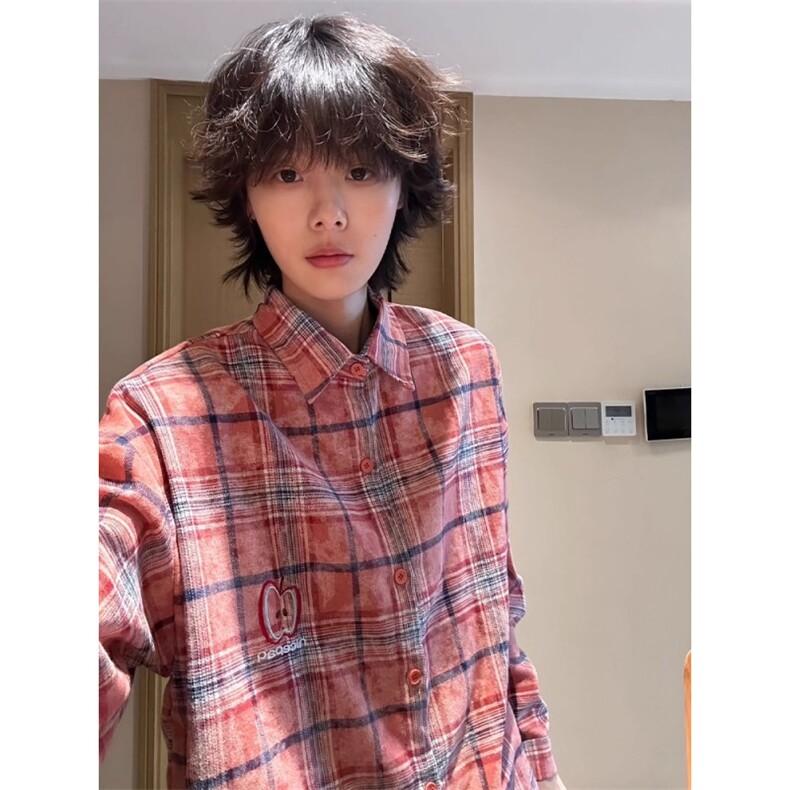 CS106-P50苹果刺绣红色格子衬衫男秋季慵懒风长袖衬衣美式,男装衬衫,电商B323A
