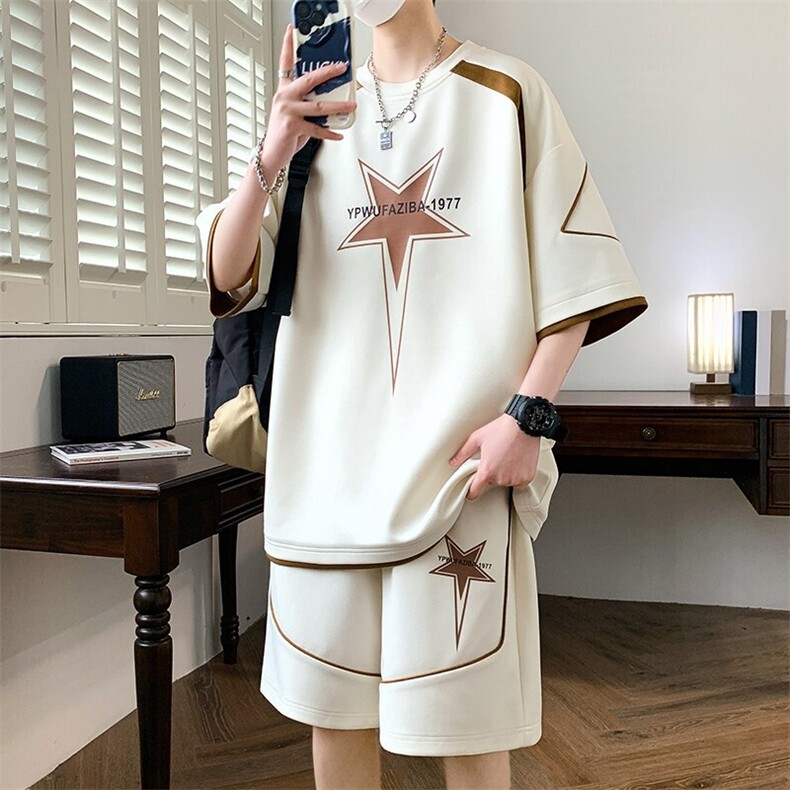 84305-P55青少年冰丝短袖T恤休闲运动服短裤套装男帅气学生夏装图片