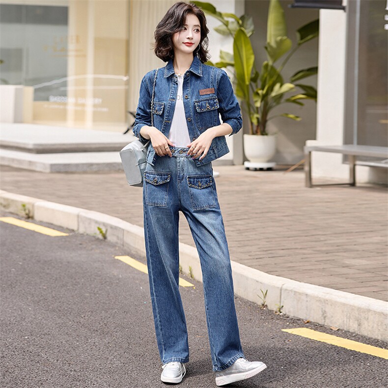 现货韩版时尚牛仔套装女春2024新款洋气显瘦显高牛仔两件套装潮，女装套装/套裙，美拉德工厂直营店